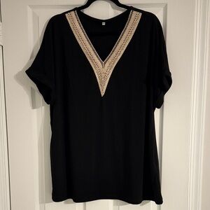Bellcoco Black V-Neck Top with Lace Accent